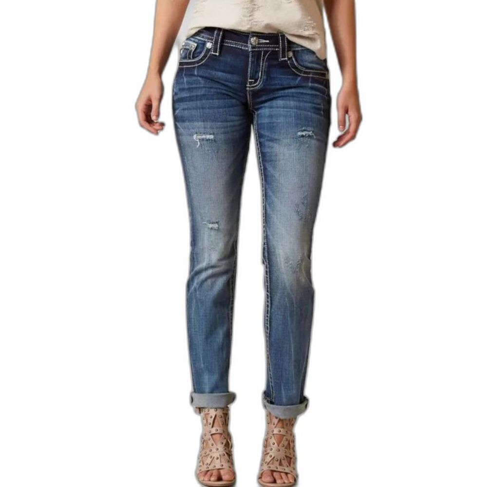 Miss Me Women's Blue Denim Ripped Low Rise Signature Straight Jeans Size 32